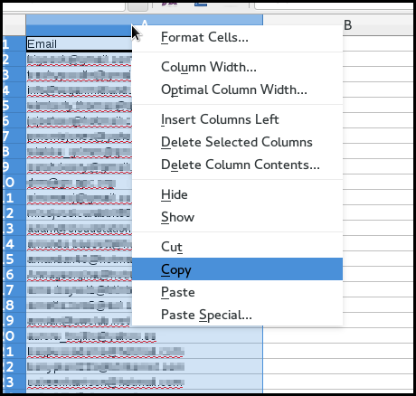 copying subscribers from a LibreOffice calc file
