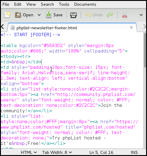 creating a footer for phpList