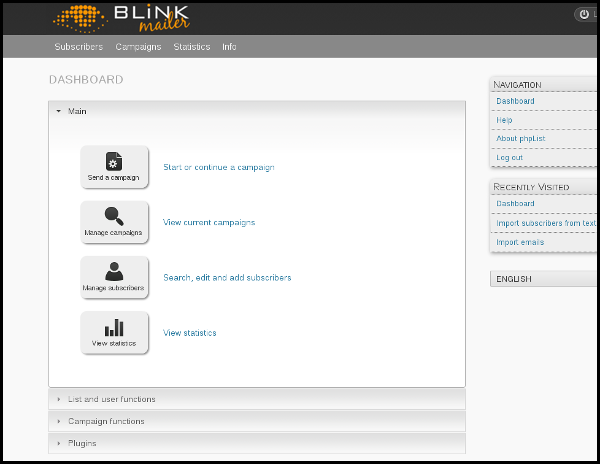 phpList - vie￼w when logged in to Dashboard