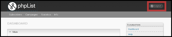 phpList logout button top right